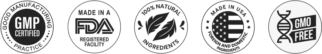 AudiLeaf certifications — Made in USA, GMP Certified, FDA Registered, 100% Natural, Non-GMO